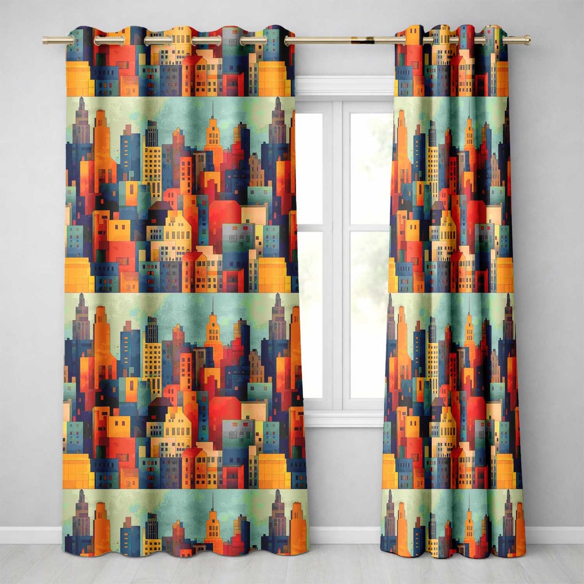 Colorful Stylized Urban City Buildings Illustration Seamless Pattern  Readymade Eyelet Ring Top Thermal 100% Blackout Curtains