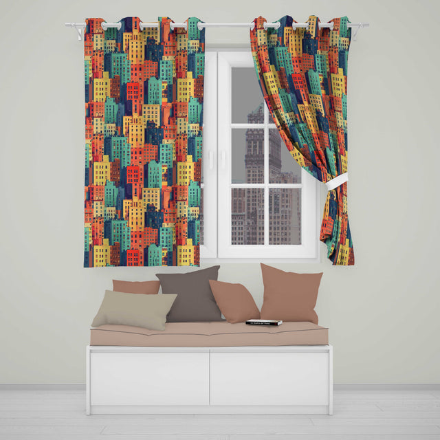 Abstract Vibrant Cityscape Architecture Geometric Style Seamless Pattern  Readymade Eyelet Ring Top Thermal 100% Blackout Curtains