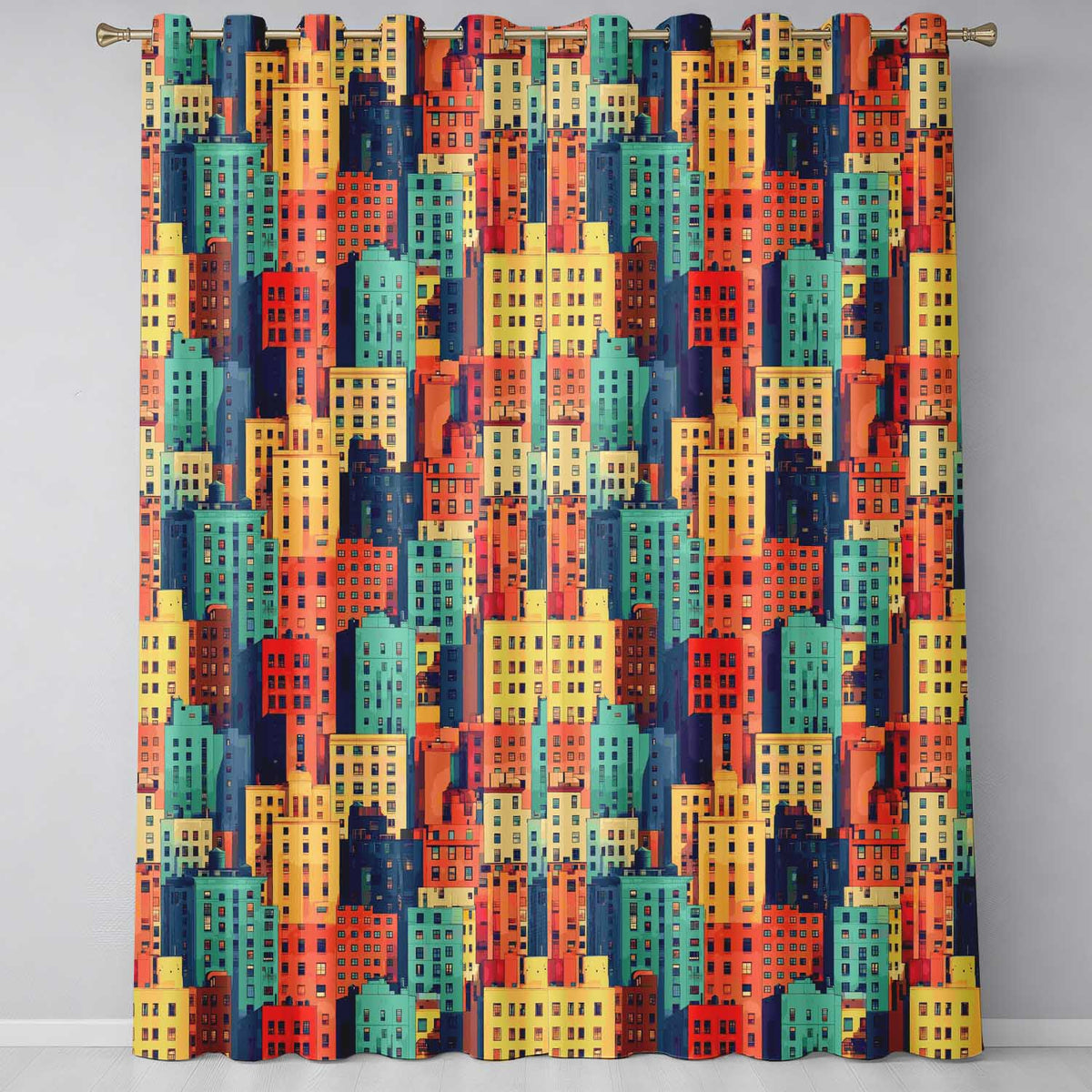 Abstract Vibrant Cityscape Architecture Geometric Style Seamless Pattern  Readymade Eyelet Ring Top Thermal 100% Blackout Curtains