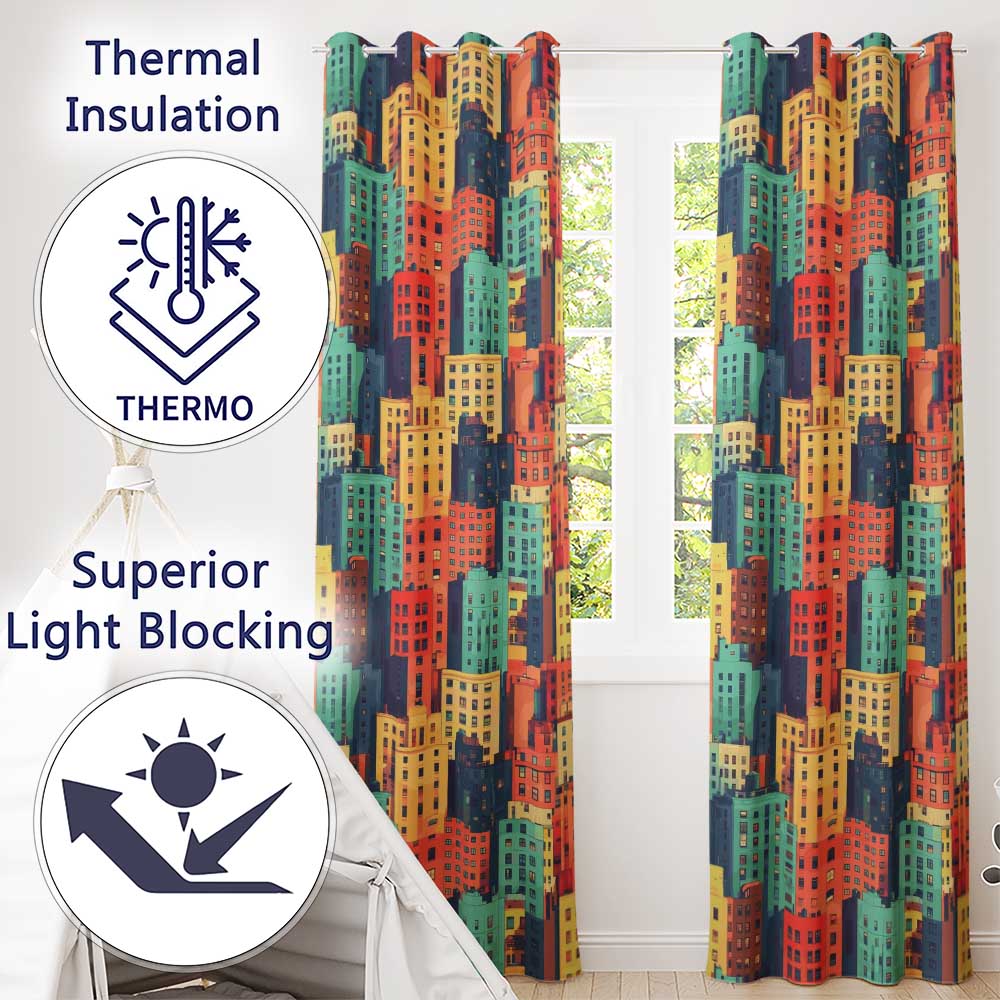 Abstract Vibrant Cityscape Architecture Geometric Style Seamless Pattern  Readymade Eyelet Ring Top Thermal 100% Blackout Curtains