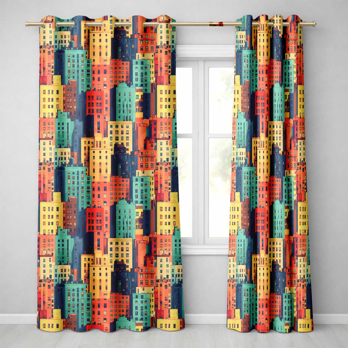 Abstract Vibrant Cityscape Architecture Geometric Style Seamless Pattern  Readymade Eyelet Ring Top Thermal 100% Blackout Curtains