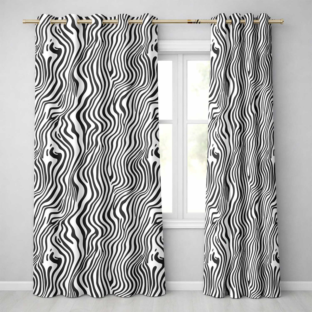 Minimal Black White Wavy Line Pattern Seamless Pattern  Readymade Eyelet Ring Top Thermal 100% Blackout Curtains