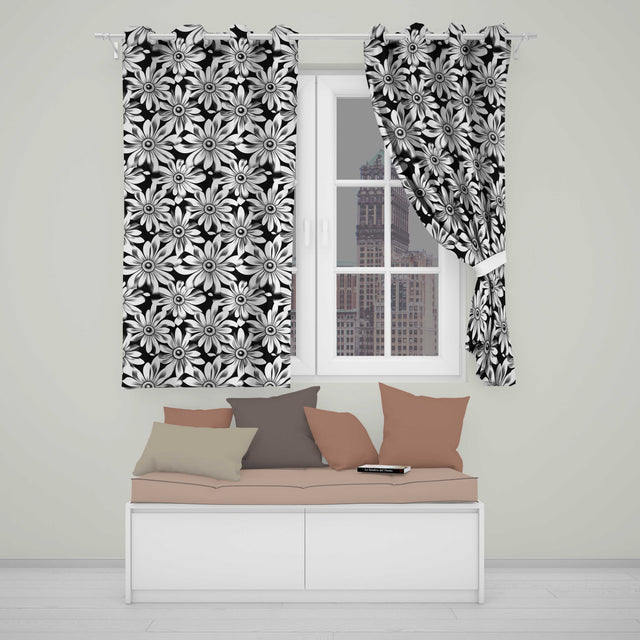 Black White Bold Floral Graphic Seamless Pattern  Readymade Eyelet Ring Top Thermal 100% Blackout Curtains