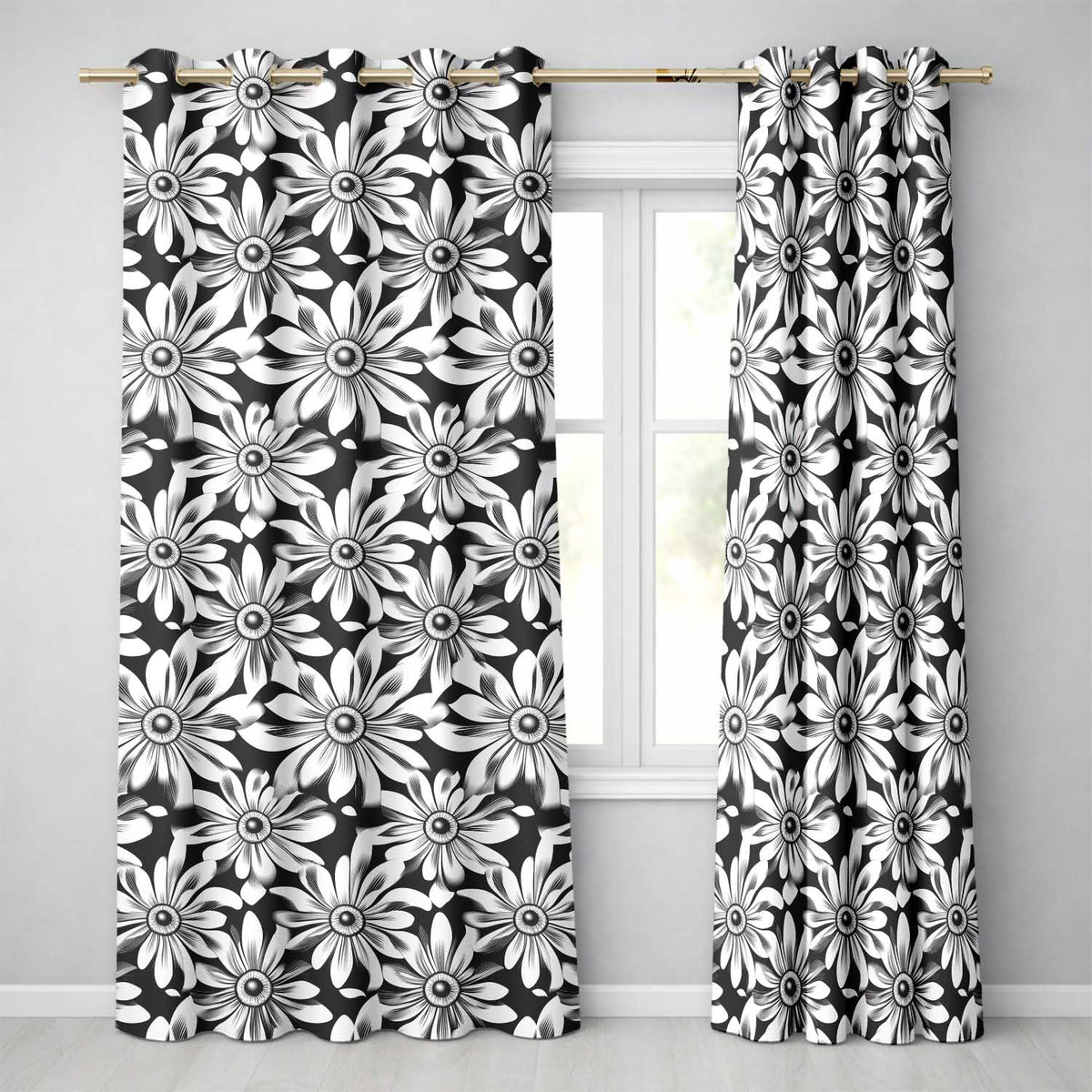 Black White Bold Floral Graphic Seamless Pattern  Readymade Eyelet Ring Top Thermal 100% Blackout Curtains