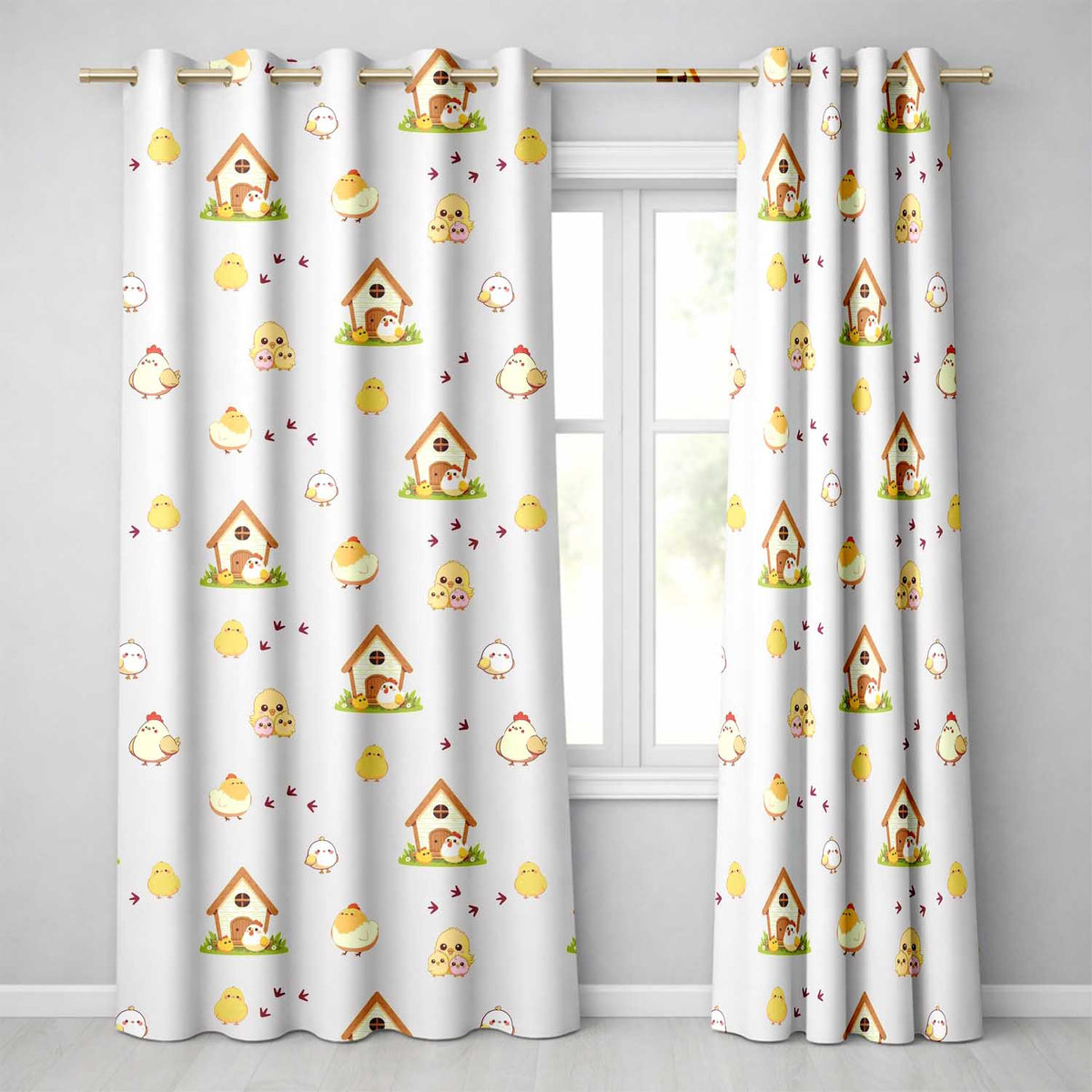 Cute Cartoon Chickens Farmhouse Pattern Neutral Cream Background Seamless  Readymade Eyelet Ring Top Thermal 100% Blackout Curtains