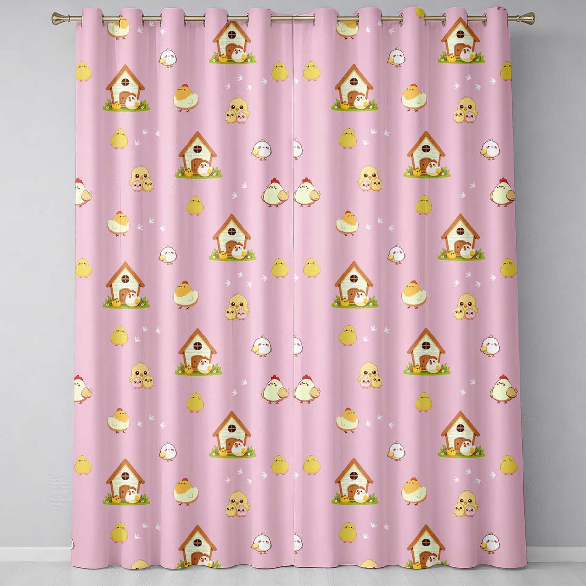 Cute Cartoon Chickens Farmhouse Pattern Rose Pink Background Seamless  Readymade Eyelet Ring Top Thermal 100% Blackout Curtains