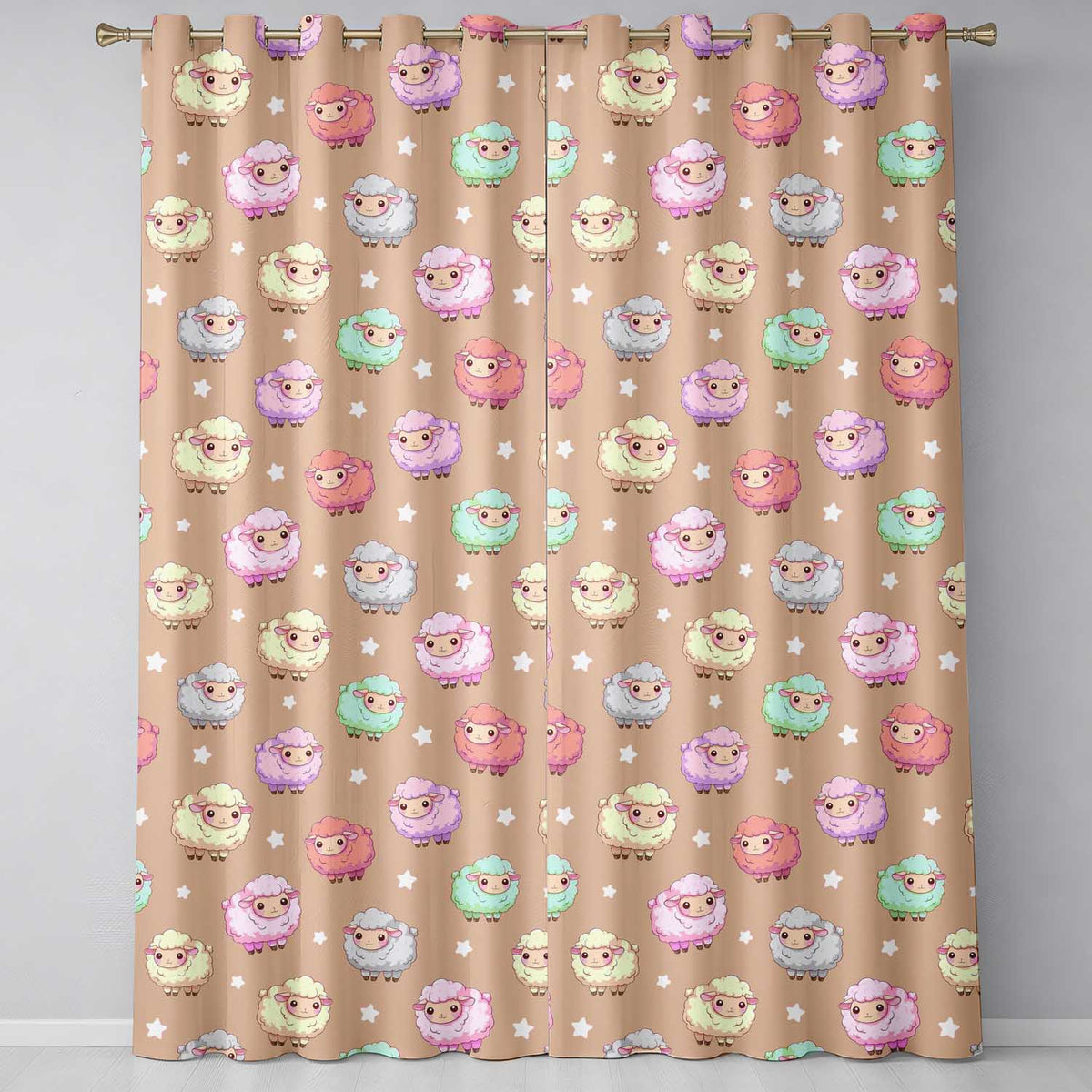 Cute Kawaii Sheep with Soft Peach Background Seamless Pattern  Readymade Eyelet Ring Top Thermal 100% Blackout Curtains