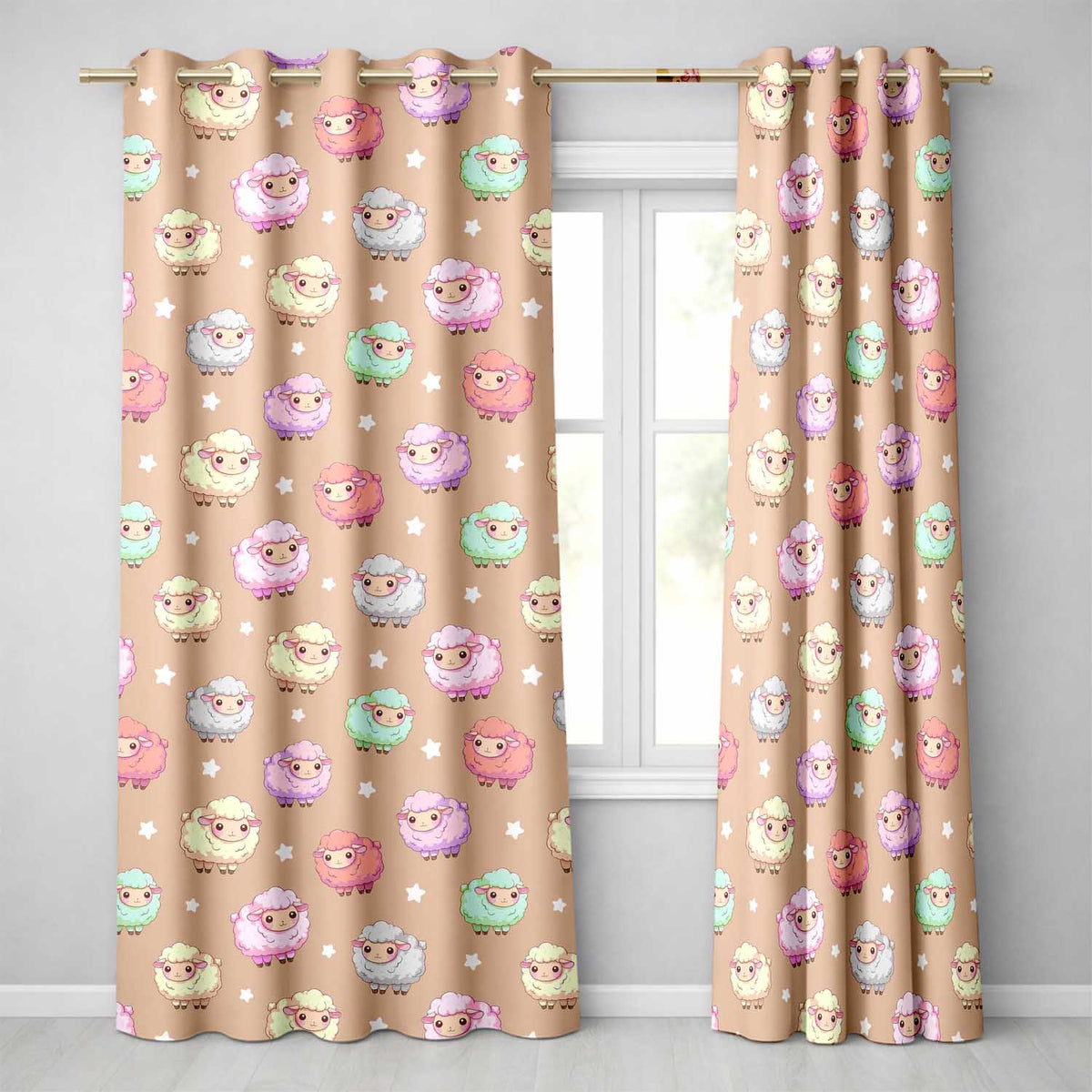 Cute Kawaii Sheep with Soft Peach Background Seamless Pattern  Readymade Eyelet Ring Top Thermal 100% Blackout Curtains