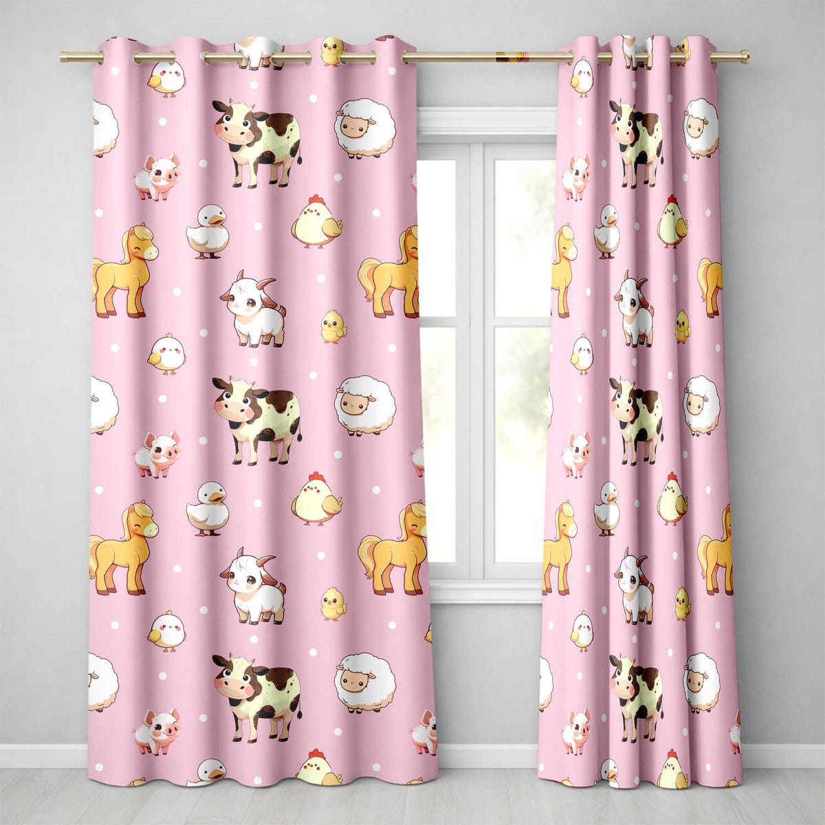 Cute Farm Animals Cow Pig Duck Chicken Soft Pink Background Seamless Pattern  Readymade Eyelet Ring Top Thermal 100% Blackout Curtains