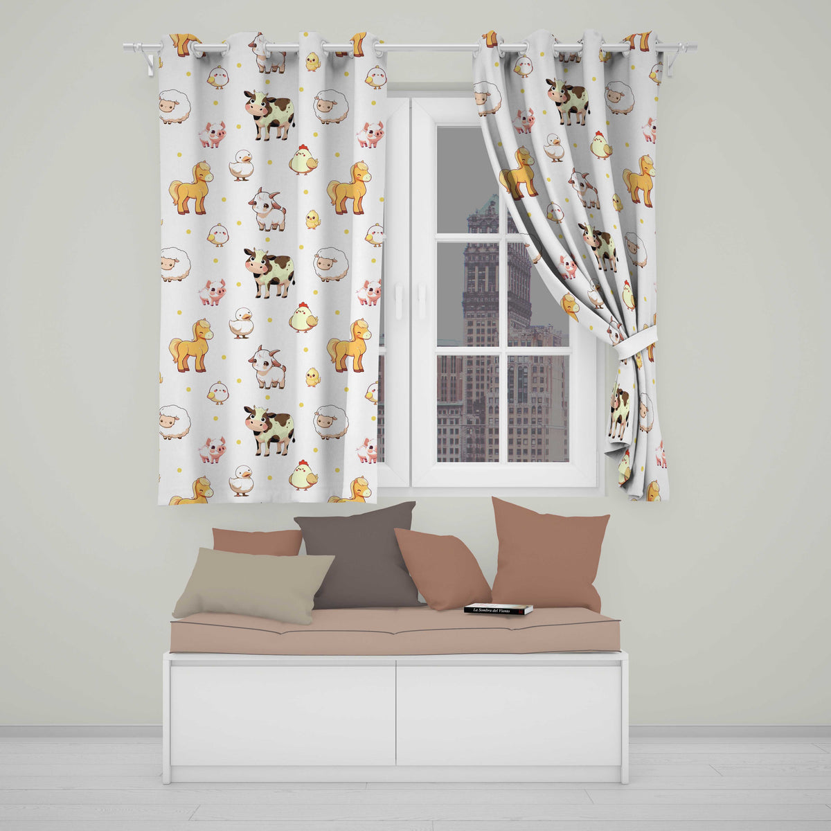 Cute Farm Animals Cow Pig Duck Chicken Grey Dot Background Seamless Pattern  Readymade Eyelet Ring Top Thermal 100% Blackout Curtains