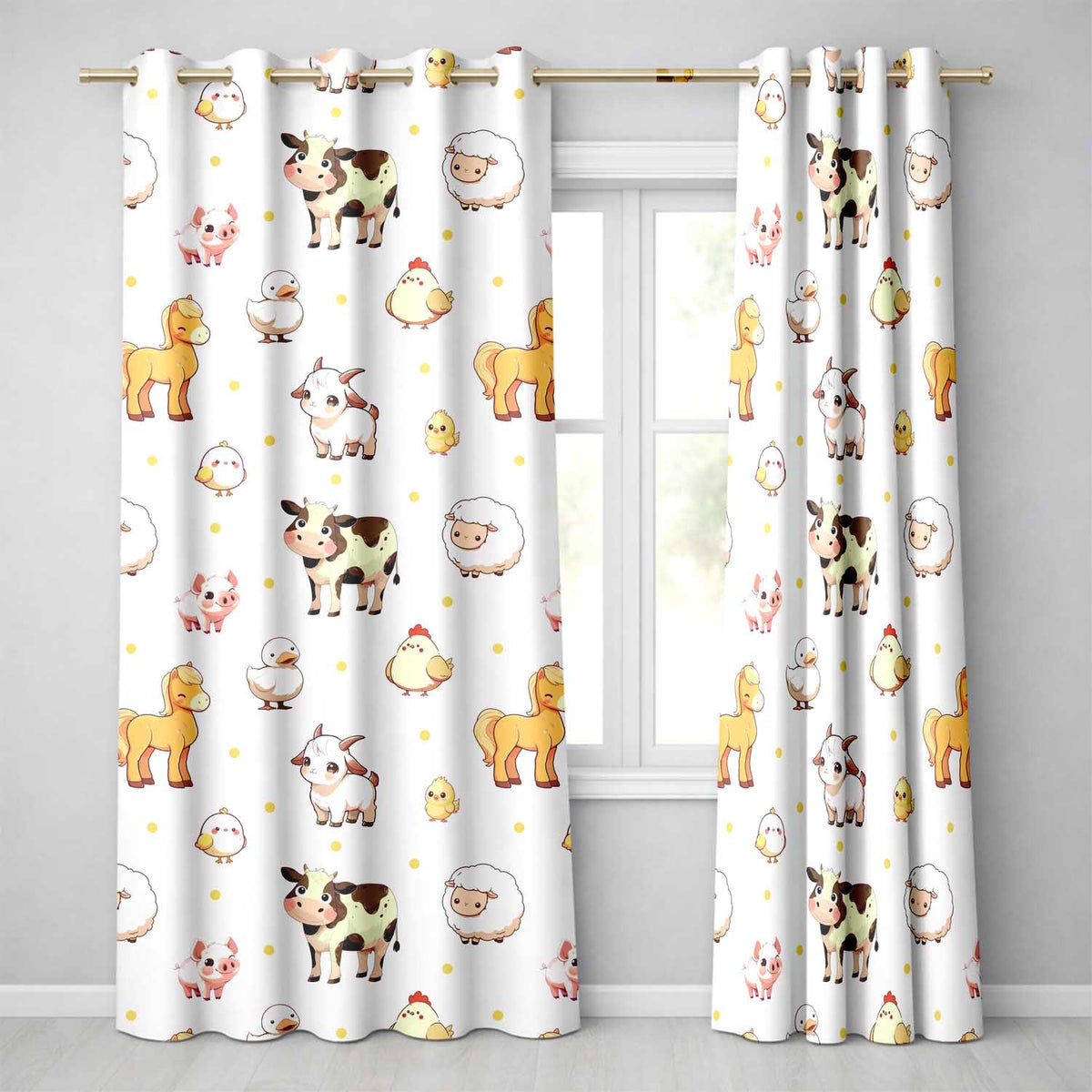 Cute Farm Animals Cow Pig Duck Chicken Grey Dot Background Seamless Pattern  Readymade Eyelet Ring Top Thermal 100% Blackout Curtains