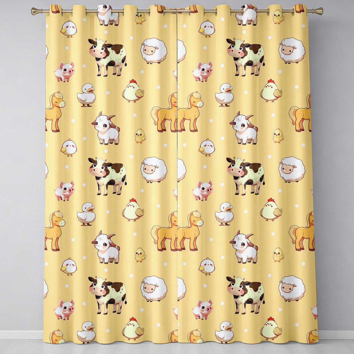 Cute Farm Animals Cow Pig Duck Chicken Yellow Background Seamless Pattern  Readymade Eyelet Ring Top Thermal 100% Blackout Curtains