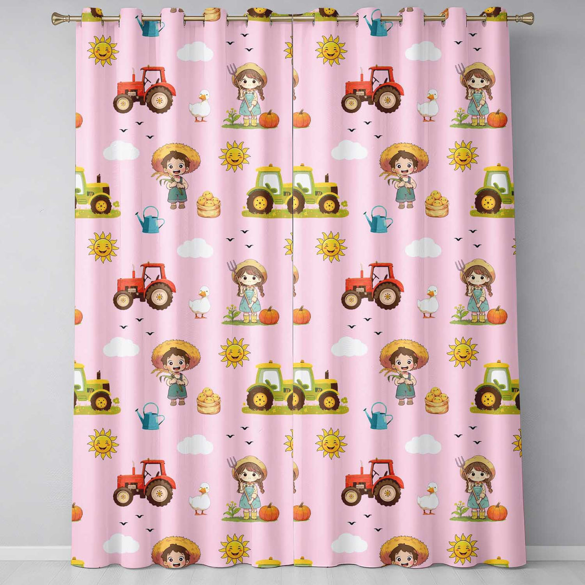 Cute Farm Tractor Duck Girl Sunny Field Pink Background Seamless Pattern  Readymade Eyelet Ring Top Thermal 100% Blackout Curtains