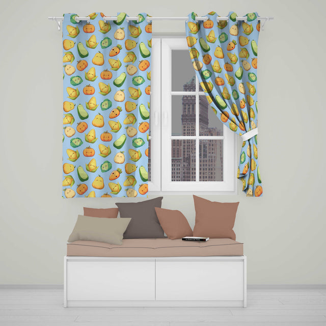 Cute Kawaii Vegetables Corn Carrot Pumpkin Blue Background Seamless Pattern  Readymade Eyelet Ring Top Thermal 100% Blackout Curtains