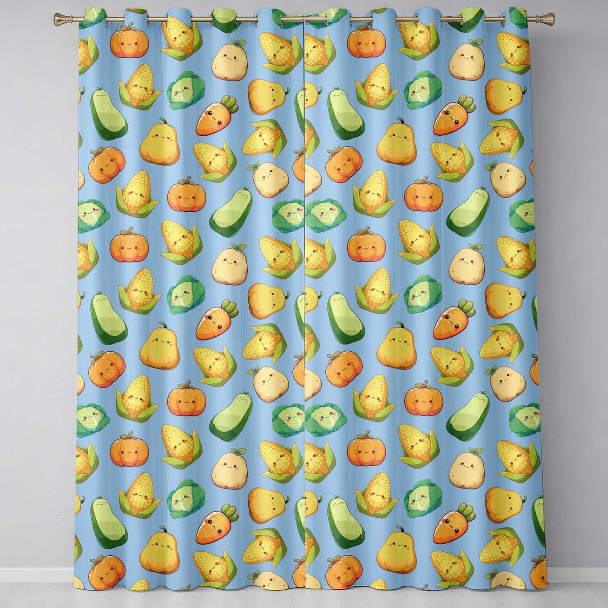 Cute Kawaii Vegetables Corn Carrot Pumpkin Sky Blue Background Seamless Pattern  Readymade Eyelet Ring Top Thermal 100% Blackout Curtains