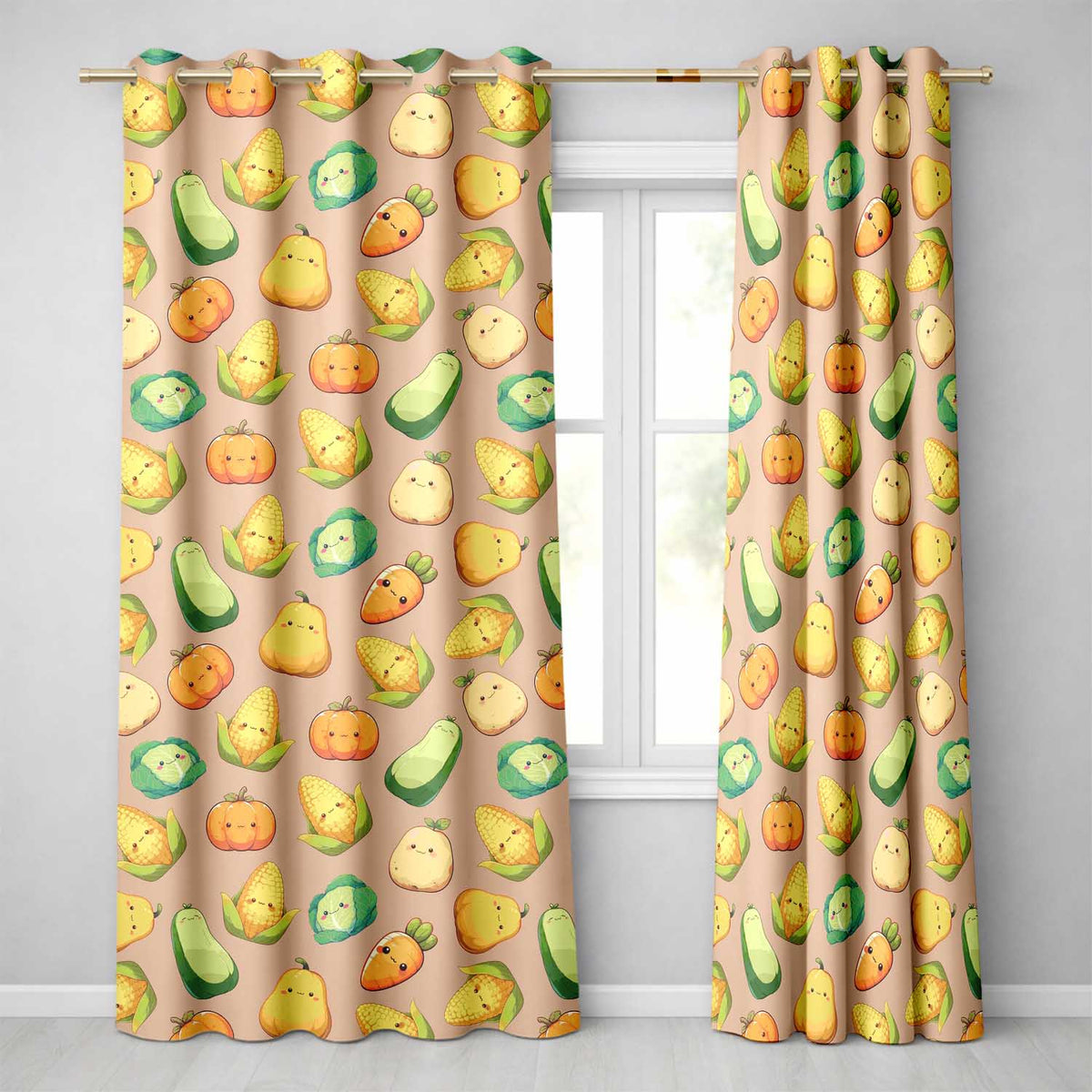 Cute Kawaii Vegetables Corn Carrot Pumpkin Peach Background Seamless Pattern  Readymade Eyelet Ring Top Thermal 100% Blackout Curtains