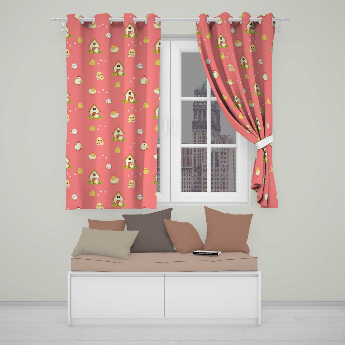 Cute Baby Chick Hen Coop Farm Coral Background Seamless Pattern  Readymade Eyelet Ring Top Thermal 100% Blackout Curtains