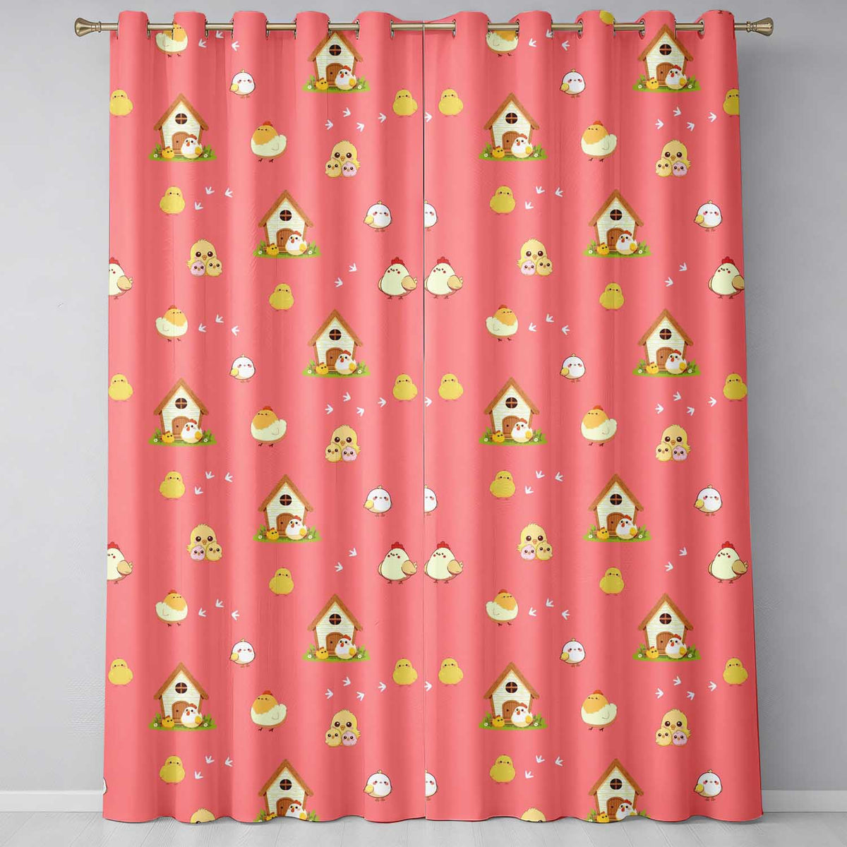 Cute Baby Chick Hen Coop Farm Coral Background Seamless Pattern  Readymade Eyelet Ring Top Thermal 100% Blackout Curtains