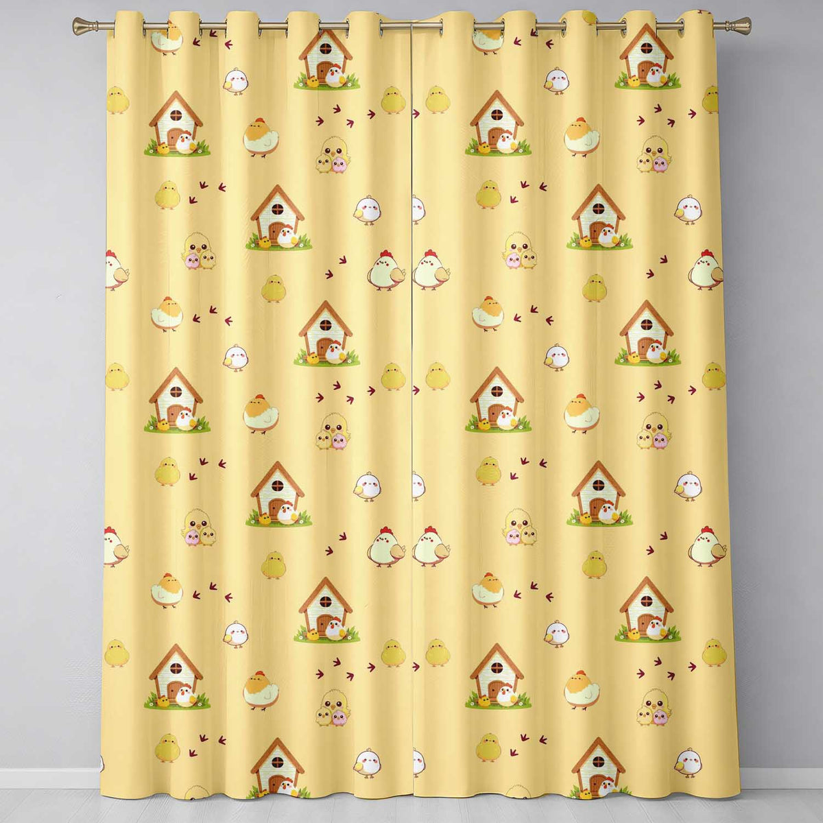 Cute Baby Chick Hen Coop Farm Light Grey Background Seamless Pattern  Readymade Eyelet Ring Top Thermal 100% Blackout Curtains