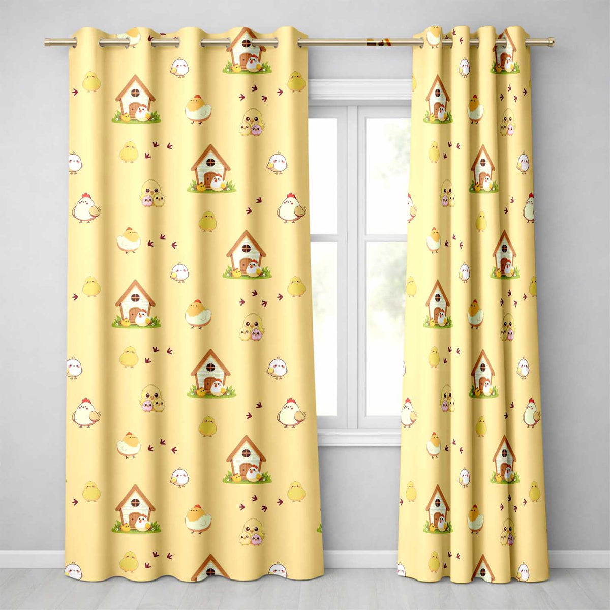 Cute Baby Chick Hen Coop Farm Light Grey Background Seamless Pattern  Readymade Eyelet Ring Top Thermal 100% Blackout Curtains