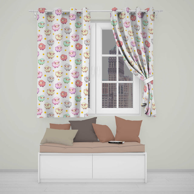 Cute Pastel Sheep Stars Cream Background Seamless Pattern  Readymade Eyelet Ring Top Thermal 100% Blackout Curtains