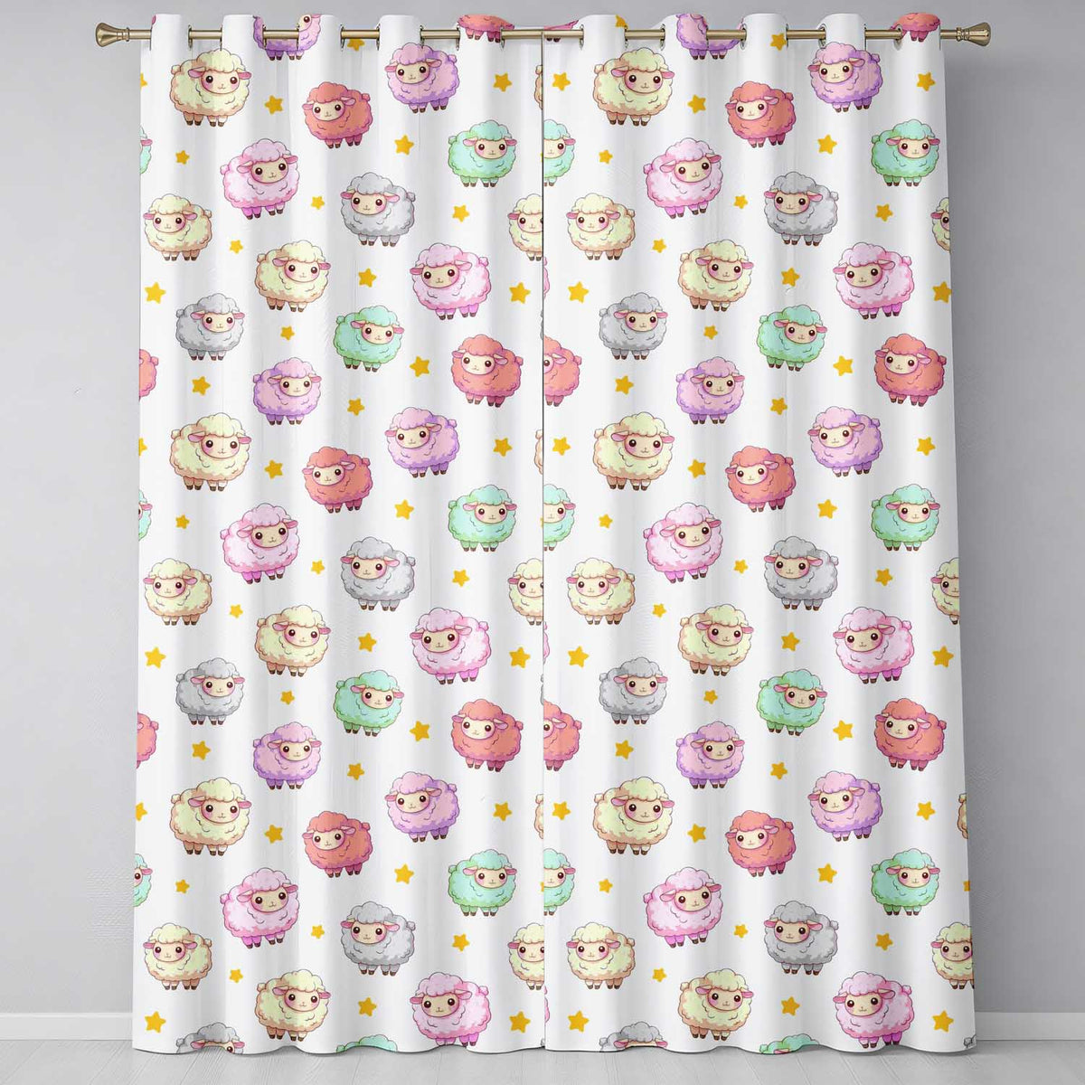 Cute Pastel Sheep Stars Cream Background Seamless Pattern  Readymade Eyelet Ring Top Thermal 100% Blackout Curtains