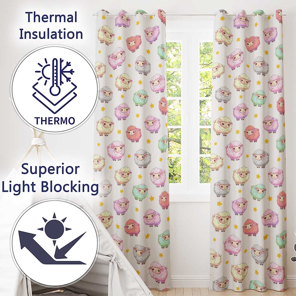 Cute Pastel Sheep Stars Cream Background Seamless Pattern  Readymade Eyelet Ring Top Thermal 100% Blackout Curtains