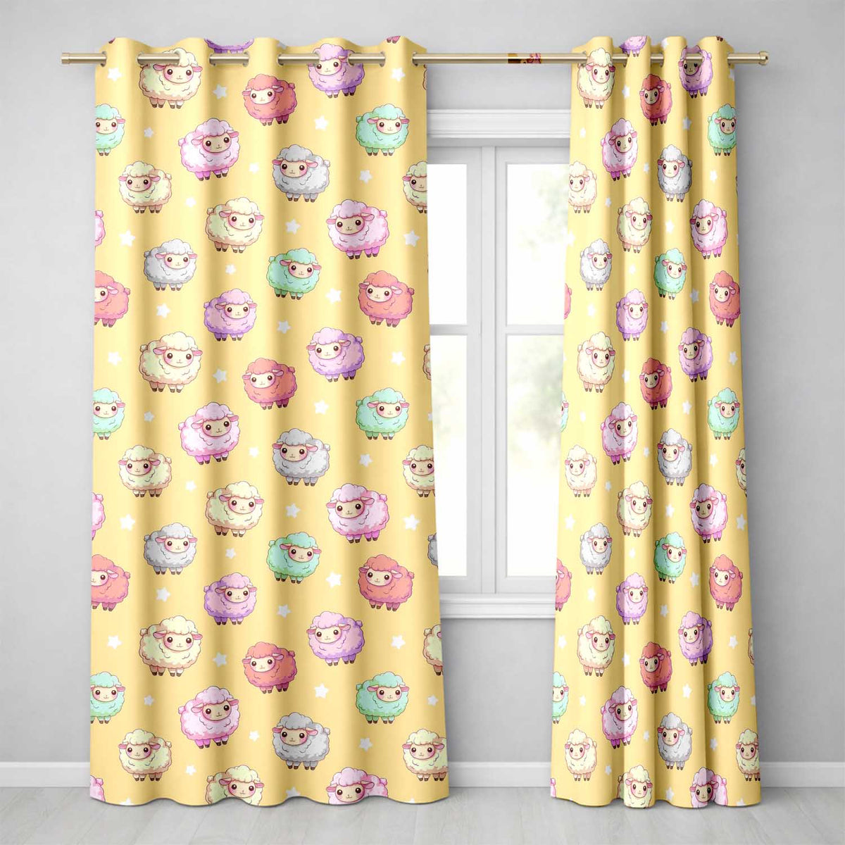 Cute Pastel Sheep Stars Yellow Background Seamless Pattern  Readymade Eyelet Ring Top Thermal 100% Blackout Curtains