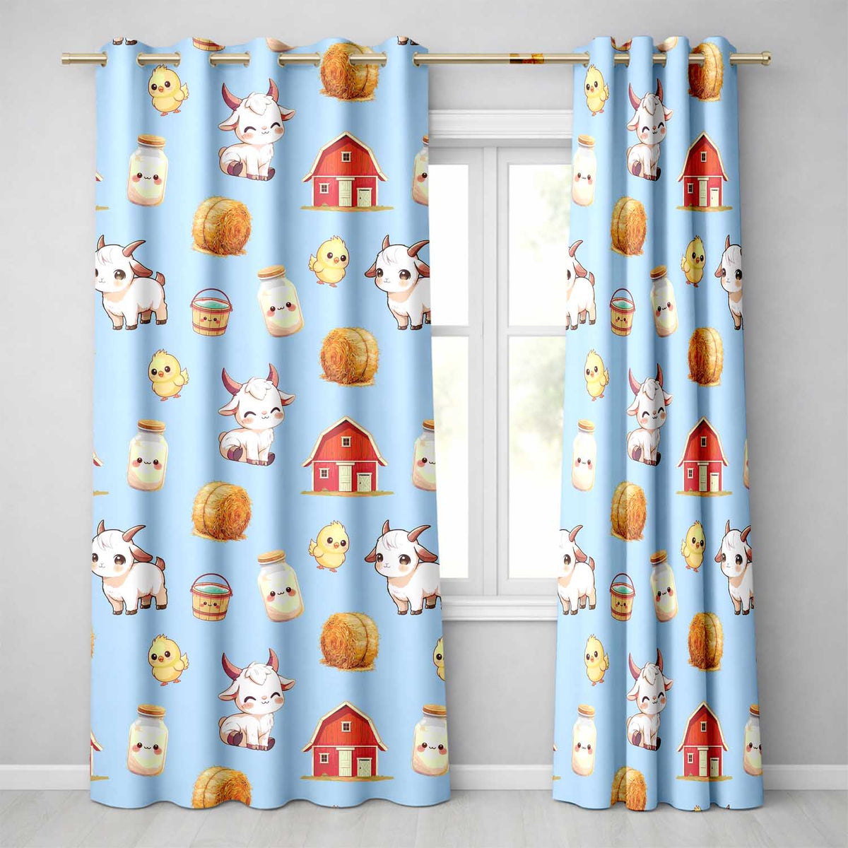 Cute Baby Goat Barn Hay Milk Farm Seamless Pattern  Readymade Eyelet Ring Top Thermal 100% Blackout Curtains