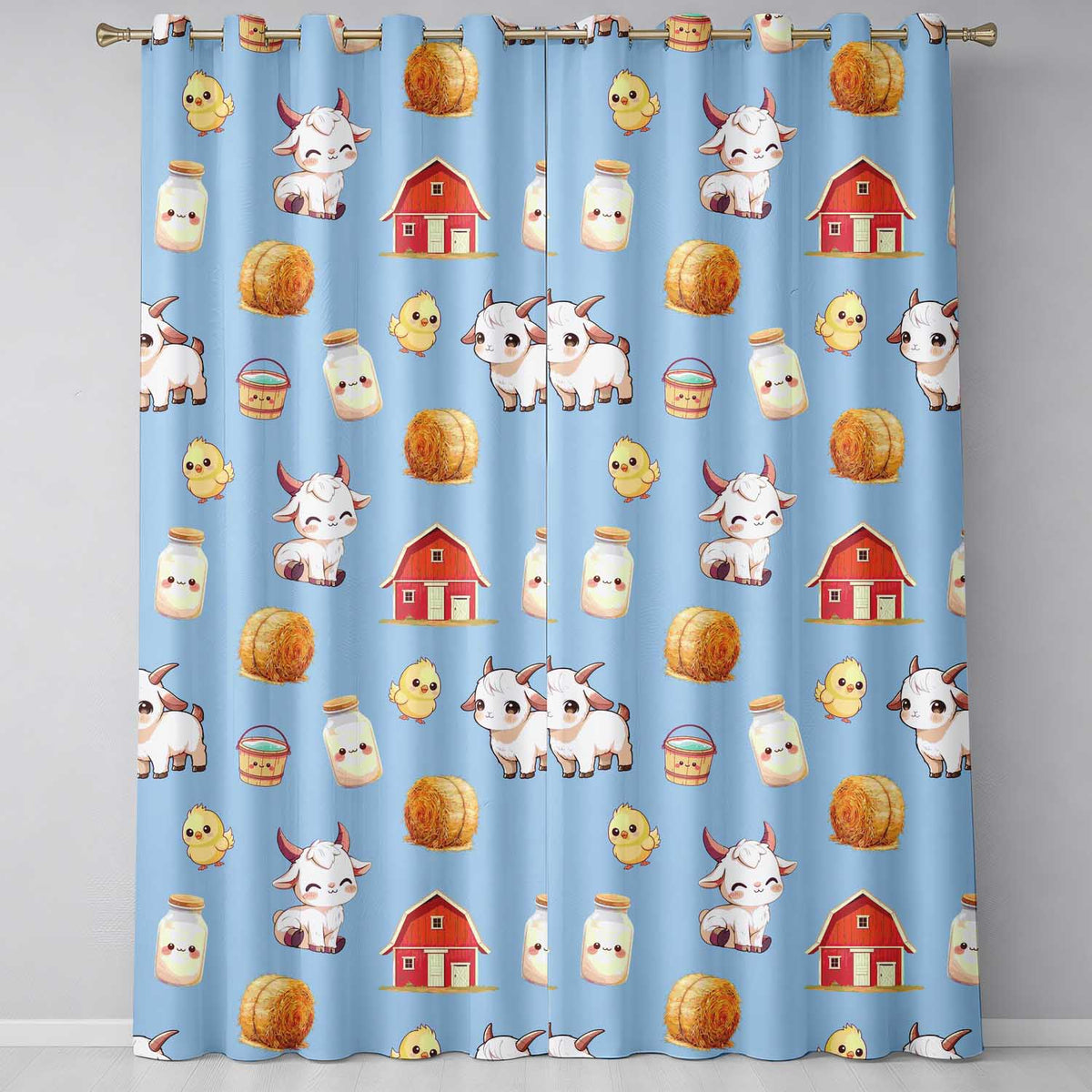 Cute Baby Goat Barn Hay Milk Chick Farm Blue Seamless Pattern  Readymade Eyelet Ring Top Thermal 100% Blackout Curtains