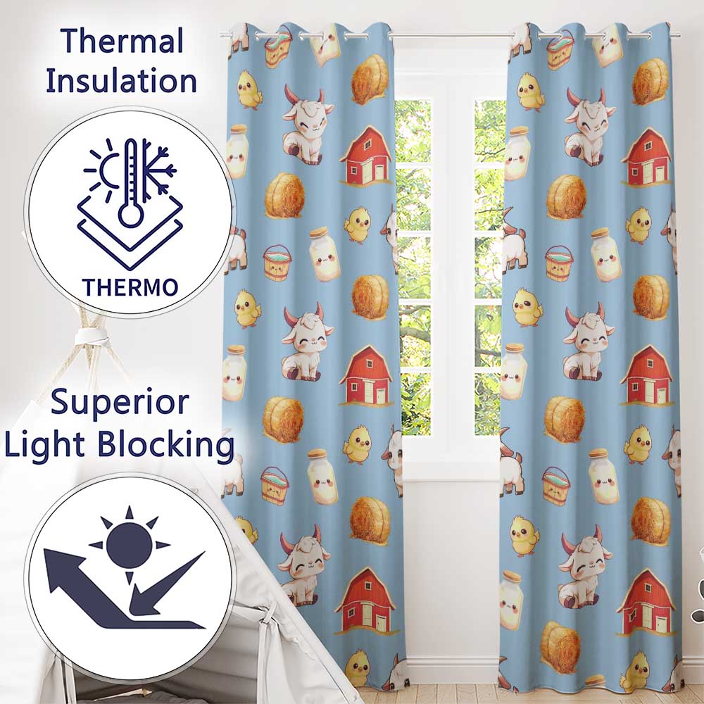 Cute Baby Goat Barn Hay Milk Chick Farm Blue Seamless Pattern  Readymade Eyelet Ring Top Thermal 100% Blackout Curtains