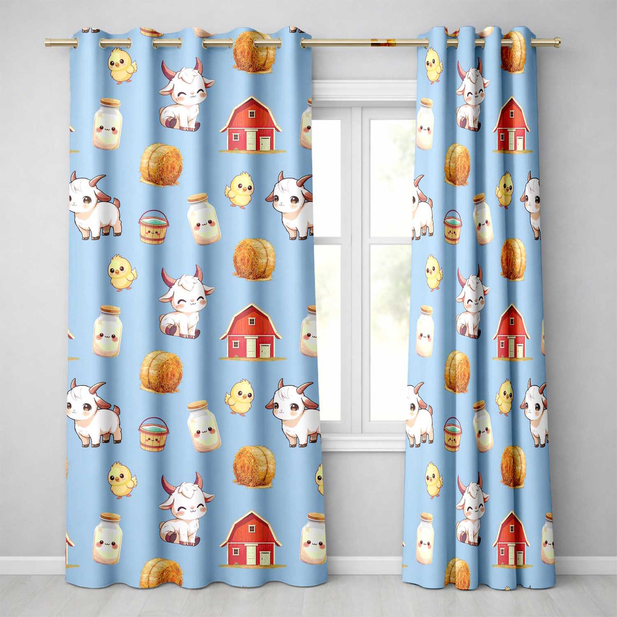 Cute Baby Goat Barn Hay Milk Chick Farm Blue Seamless Pattern  Readymade Eyelet Ring Top Thermal 100% Blackout Curtains