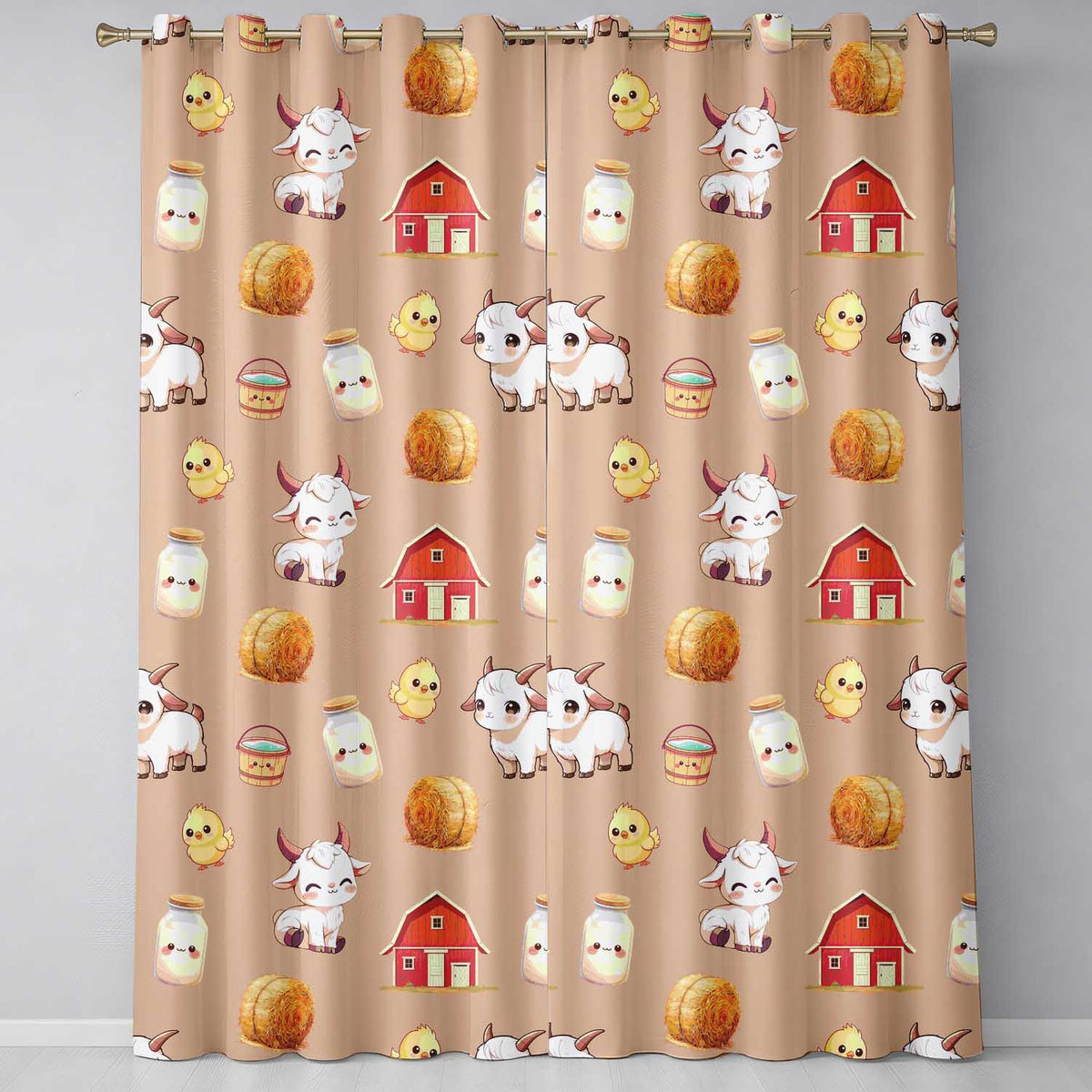 Cute Baby Goat Barn Hay Milk Chick Farm Peach Seamless Pattern  Readymade Eyelet Ring Top Thermal 100% Blackout Curtains