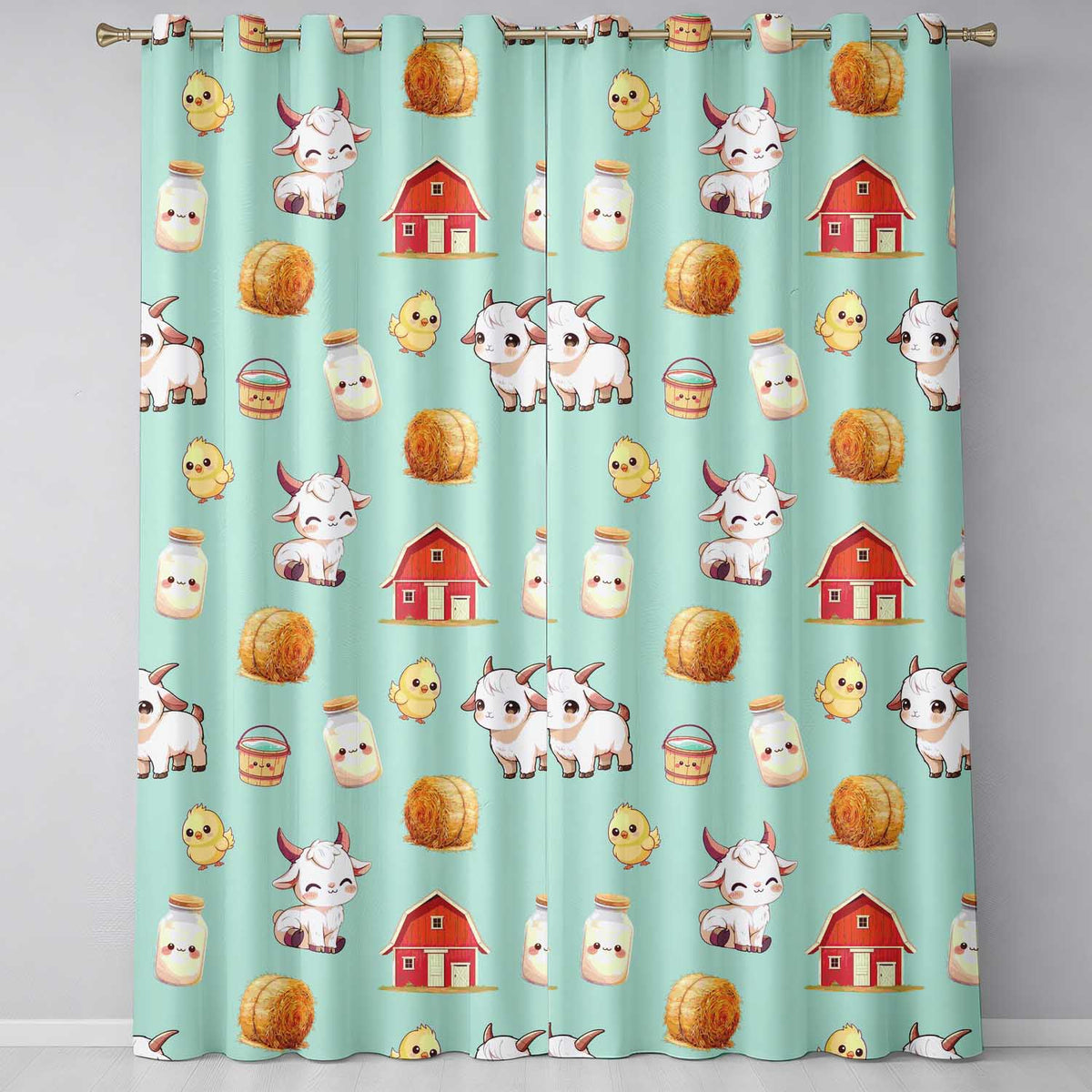 Cute Baby Goat Barn Hay Milk Chick Farm Mint Seamless Pattern  Readymade Eyelet Ring Top Thermal 100% Blackout Curtains