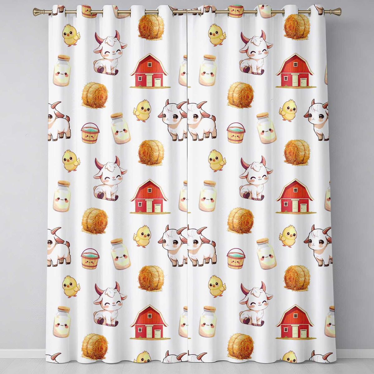 Cute Baby Goat Barn Hay Milk Chick Farm Grey Seamless Pattern  Readymade Eyelet Ring Top Thermal 100% Blackout Curtains