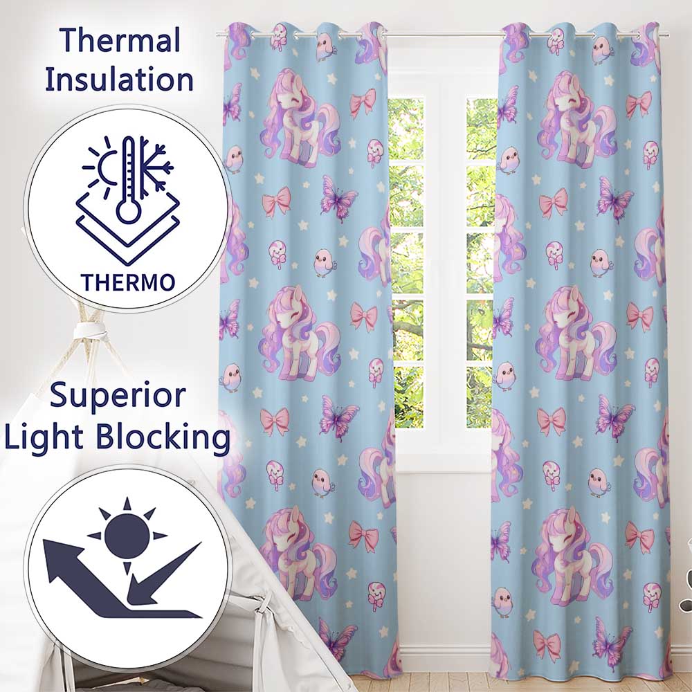 Cute Unicorn Pastel Stars Birds Bows Candy Blue Seamless Pattern  Readymade Eyelet Ring Top Thermal 100% Blackout Curtains