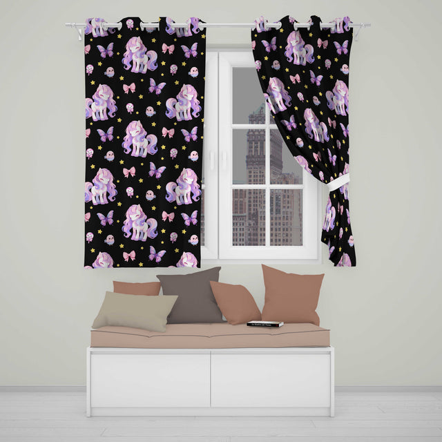 Cute Unicorn Pastel Stars Birds Bows Candy Black Seamless Pattern  Readymade Eyelet Ring Top Thermal 100% Blackout Curtains