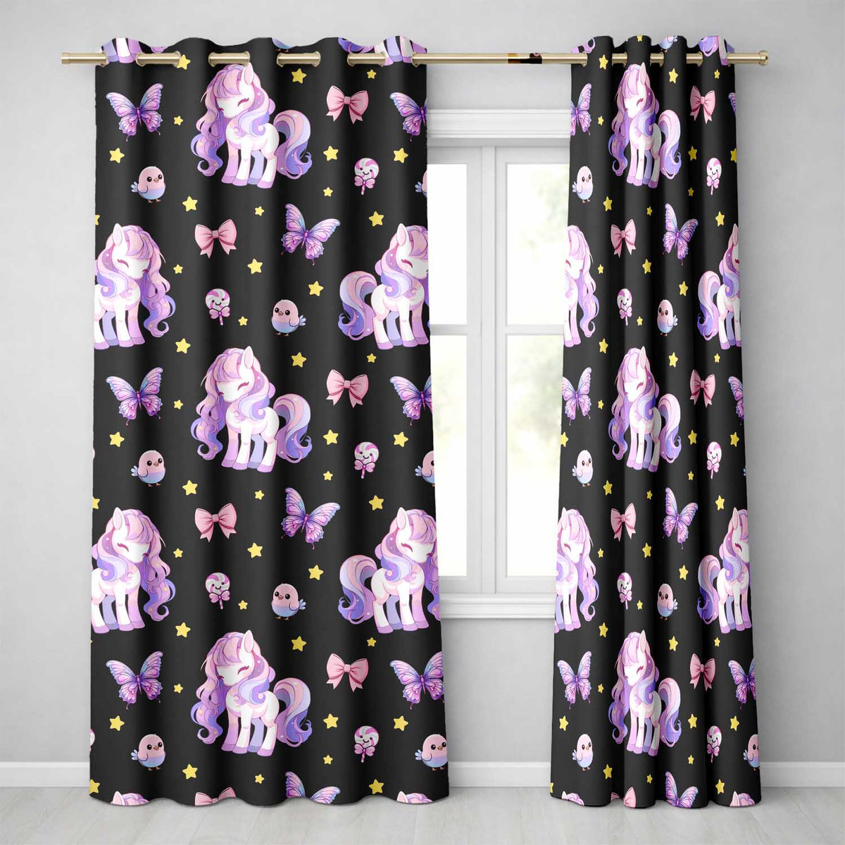 Cute Unicorn Pastel Stars Birds Bows Candy Black Seamless Pattern  Readymade Eyelet Ring Top Thermal 100% Blackout Curtains