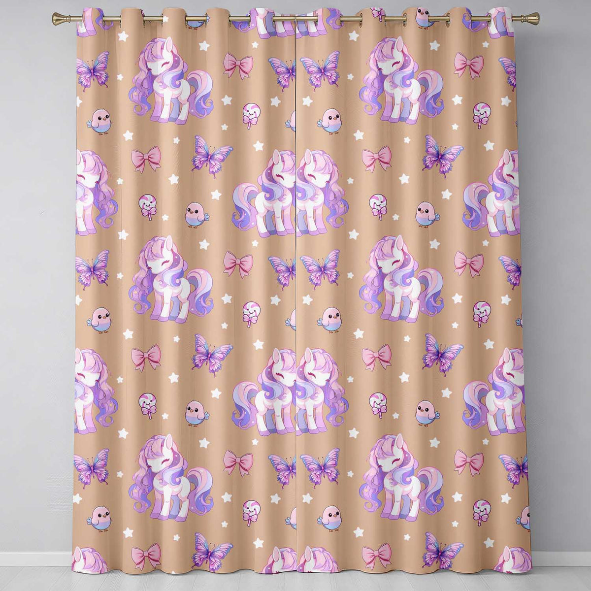 Cute Unicorn Pastel Stars Birds Bows Candy Peach Seamless Pattern  Readymade Eyelet Ring Top Thermal 100% Blackout Curtains