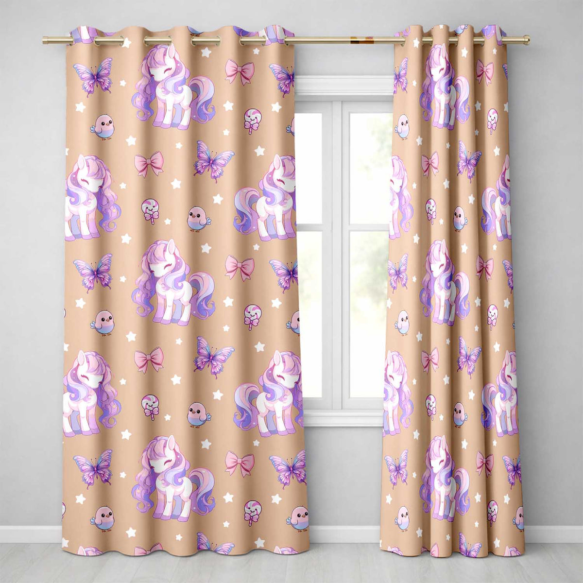 Cute Unicorn Pastel Stars Birds Bows Candy Peach Seamless Pattern  Readymade Eyelet Ring Top Thermal 100% Blackout Curtains