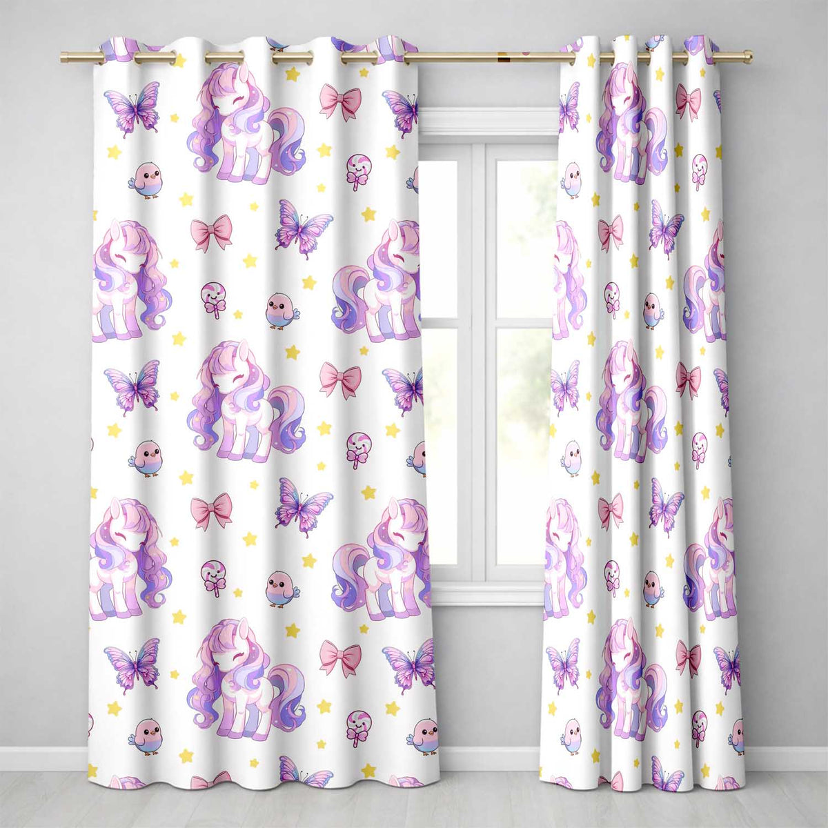 Cute Unicorn Pastel Stars Birds Bows Candy Cream Seamless Pattern  Readymade Eyelet Ring Top Thermal 100% Blackout Curtains