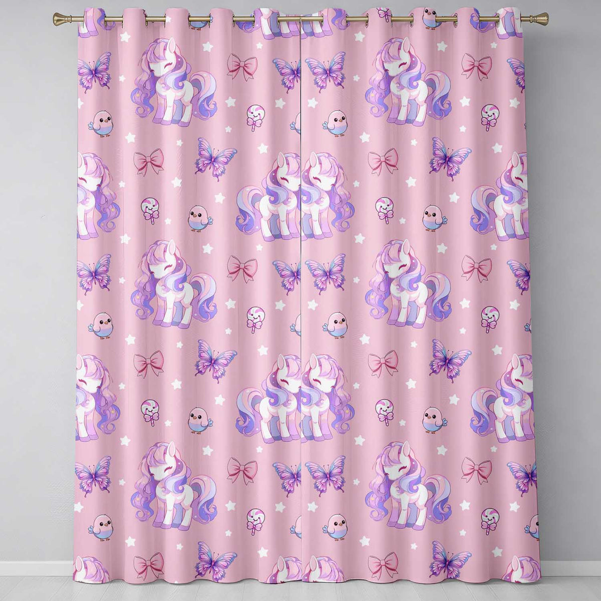 Cute Unicorn Pastel Stars Birds Bows Candy Pink Seamless Pattern  Readymade Eyelet Ring Top Thermal 100% Blackout Curtains