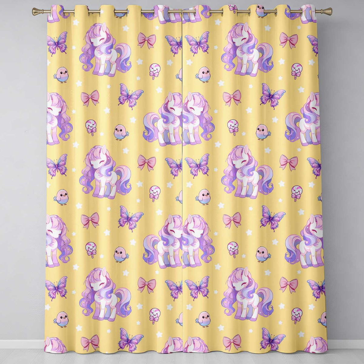 Cute Unicorn Pastel Stars Birds Bows Candy Yellow Seamless Pattern  Readymade Eyelet Ring Top Thermal 100% Blackout Curtains