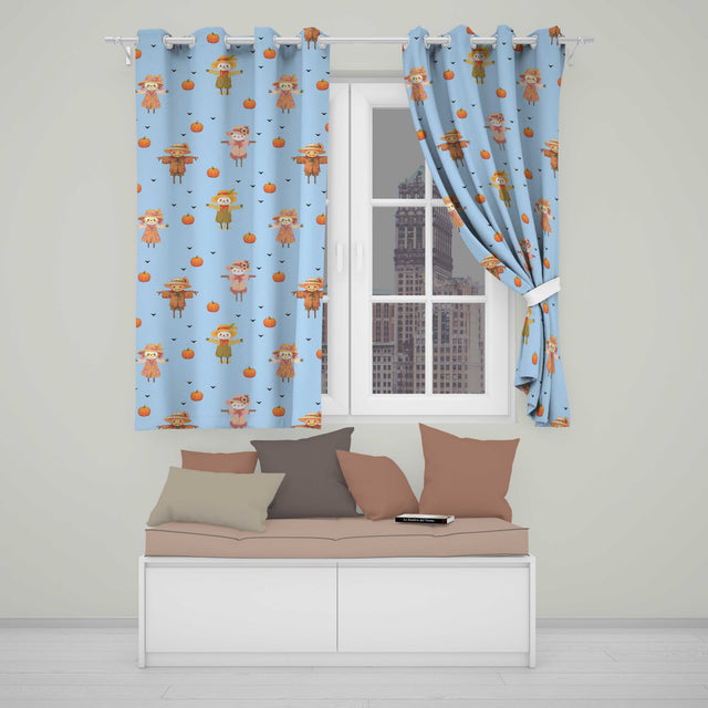 Cute Autumn Scarecrow Pumpkins Birds Blue Seamless Pattern  Readymade Eyelet Ring Top Thermal 100% Blackout Curtains