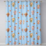 Cute Autumn Scarecrow Pumpkins Birds Blue Seamless Pattern  Readymade Eyelet Ring Top Thermal 100% Blackout Curtains