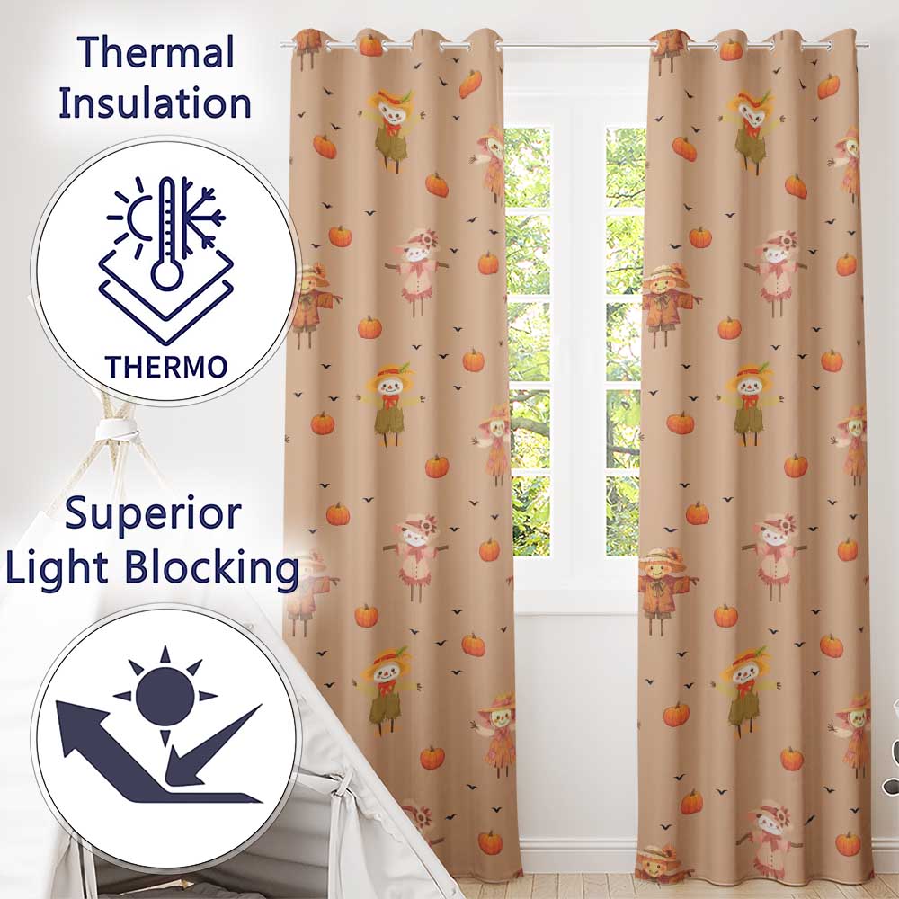 Cute Autumn Scarecrow Pumpkins Birds Peach Seamless Pattern  Readymade Eyelet Ring Top Thermal 100% Blackout Curtains