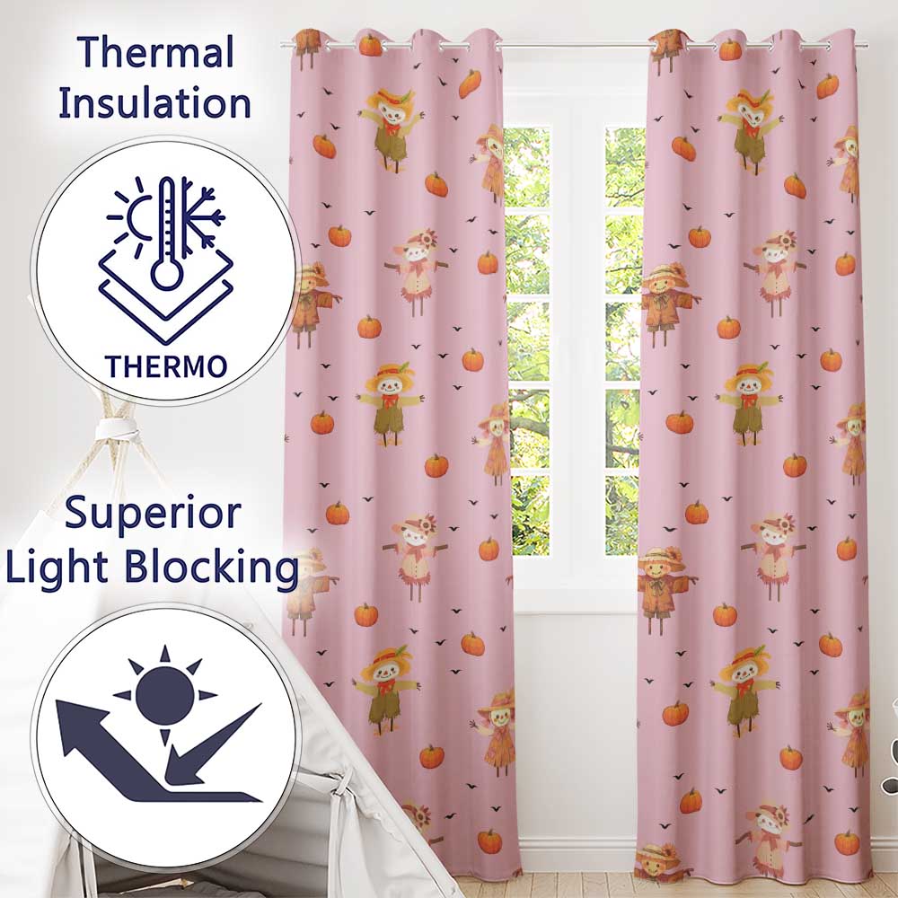 Cute Autumn Scarecrow Pumpkins Flying Birds Pink Seamless Pattern  Readymade Eyelet Ring Top Thermal 100% Blackout Curtains