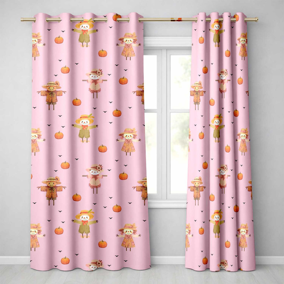 Cute Autumn Scarecrow Pumpkins Flying Birds Pink Seamless Pattern  Readymade Eyelet Ring Top Thermal 100% Blackout Curtains