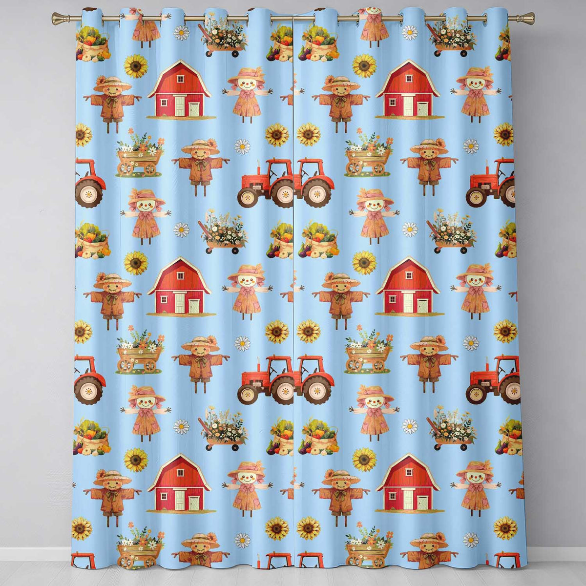 Cute Autumn Farm Barn Scarecrow Sunflower Floral Blue Seamless Pattern  Readymade Eyelet Ring Top Thermal 100% Blackout Curtains