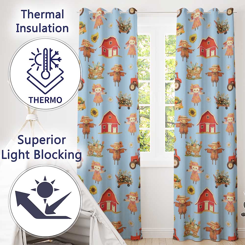 Cute Autumn Farm Barn Scarecrow Sunflower Floral Blue Seamless Pattern  Readymade Eyelet Ring Top Thermal 100% Blackout Curtains